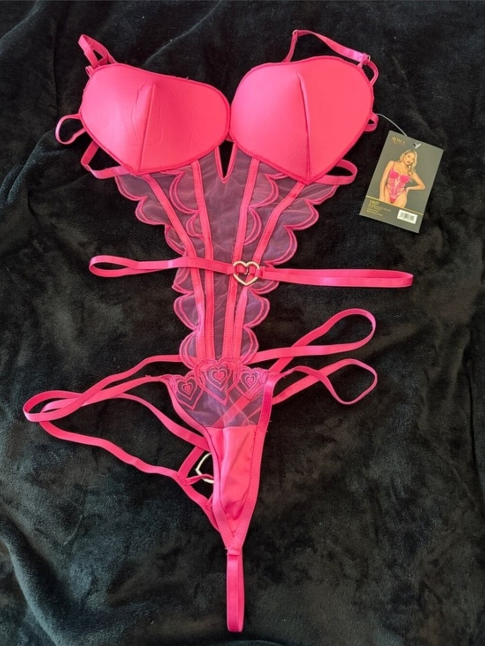 Roma Hot Pink Heart-Accent Lace Teddy Size XL